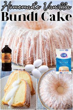 bundt cake with icing and white frosting on top, surrounded by ingredients