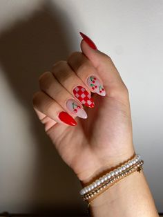 Nails with red cherry design Cherry Nails Acrylic Black, Cherry Spring Nails, Red And Cherry Nails, Hot Pink Cherry Nails, Cherry Checker Nails, Almond Nails Designs Cherry, Checkered Cherry Nails, Cherry Nails Almond Shape, Summer Nail Ideas Gel Design