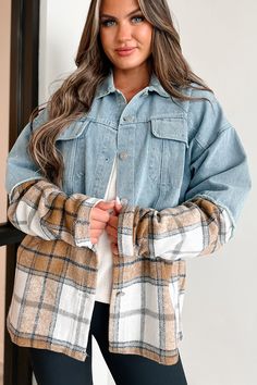 SELF: 100% COTTON. LINING: 100% POLYESTER Model Wearing Size S/M Color: Denim, Caramel, White Lightweight Shacket Denim Top Half / Plaid Lower Half Raw Edge Detailing Button-Front Functional Chest Pockets Oversized Fit Material Does Not Have Stretch 22” Armpit To Sleeve End 16” Armpit To Hemline For Model Size Specs Please Check Size Charts Launched: 11/9/23 Fall Medium Wash Shacket, Oversized Medium Wash Shacket For Fall, Plaid Denim Outerwear With Pockets, Fall Light Wash Denim Shacket, Fall Light Wash Button-up Shacket, Plaid Denim Outerwear For Fall, Fall Light Wash Shacket With Pockets, Fall Denim Outerwear In Brown, Fall Brown Denim Outerwear