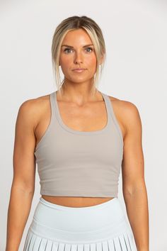 Sandstone Racerback Crop Tank Cute Golf Outfit, Pleated Tennis Skirt, Athletic Skirt, Tie Skirt, Tennis Skirts, Flattering Tops, Yoga Top, Athletic Top, Padded Bra