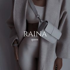 a woman in tights and heels holding a white purse with the word raina on it