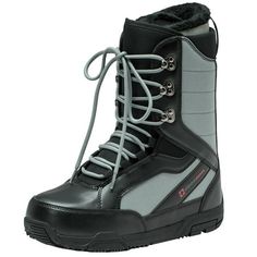 a pair of black and grey snow boots with laces on the outstep