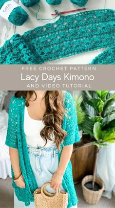 a woman holding a crochet purse in front of her face and text overlay that reads, lacy days kimono and video pattern