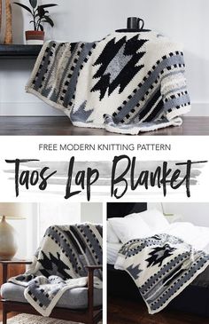 a crocheted blanket with text that reads, free modern knitting pattern taos lap blanket