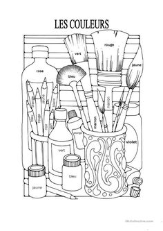 the coloring page for les couleurs, with brushes and other items in it