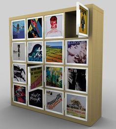 a display case with many different pictures on the front and back sides, all stacked together