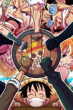 an image of some anime characters with their hands in the air and one is holding a barrel