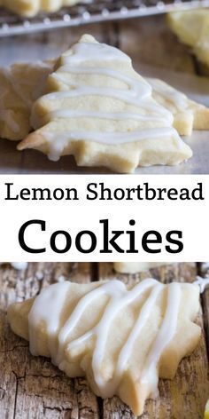 lemon shortbread cookies with white icing on a wooden surface and the words lemon shortbread cookies