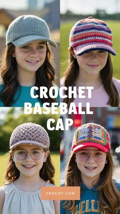 three girls wearing crochet baseball caps with the words crochet baseball cap