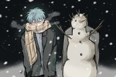 two snowmen standing next to each other in the snow with one wearing a scarf