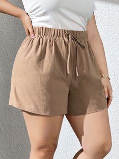 Women's Plus Size Khaki Texture Shorts For Spring/Summer Khaki Casual   Woven Fabric Plain Track Shorts Non-Stretch  Women Plus Clothing, size features are:Bust: ,Length: ,Sleeve Length: Summer Outfits Plus Size Women, Sports Jackets Women, Apple Body Shapes, Ladies Tops Blouses, Spring Shorts, Casual Wide Leg Pants, Track Shorts, Plus Size Shorts, Girls Fashion Clothes