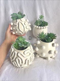 four white ceramic planters with green plants in them on a white sheet, one is holding