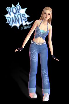 a woman in blue jeans and bra top with her hands on her hips, standing against a black background