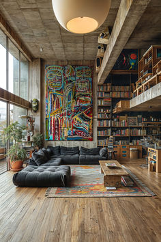 Modern living room featuring a vibrant abstract painting by Diego Tirigall, reminiscent of Jean-Michel Basquiat's style, blending rustic charm, comfort, and eclectic warmth. Living Space Wall Art, Abstract House Interior, Apartment Art Aesthetic, Artist Home Aesthetic, Global Eclectic Decor Inspiration, Artistic House Interior, Artistic Living Room Ideas, Interior Design Aesthetic Inspiration, Art Filled Home