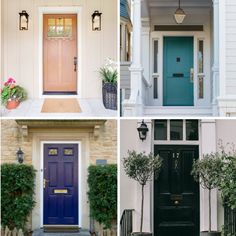 four different front doors with plants and potted trees