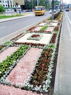 a bus driving down a street next to a long flower lined sidewalk with plants growing on it