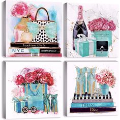 three paintings of purses, flowers and perfume bottles on top of books with bows