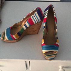 Multi Color Never Been Worn Heels Casual Multicolor Heels With Stacked Heel, Multicolor High Heel Fabric Sandals, Multicolor Wedge Heel For Spring, Multicolor Wedge Heels For Spring, Multicolor Fabric Open Toe Heels, Nine West Shoes, Nine West, Shoes Women Heels, Shoes Heels