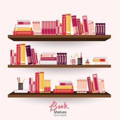 Bookshelves with colorful books and stationery on the wall royalty free illustration Bookshelf Illustration Art, Pink Wall Background, Cartoon Library Background, Design Bookshelves, Bookshelf Clipart, Library Illustration Bookshelves, Colorful Books, Wall Background