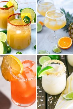 four different shots of cocktails with pineapple, orange and lime garnish