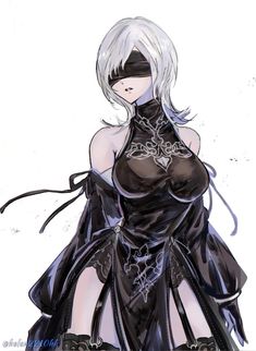 an anime character with white hair and black clothes, holding her hands on her hips