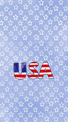 the word usa written in red, white and blue stars on a light blue background