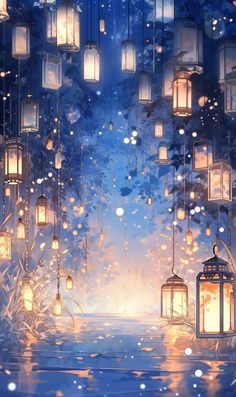 lanterns are hanging from the ceiling in front of snow covered trees and lights at night