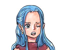 a drawing of a woman with blue hair and an evil look on her face, looking at the camera