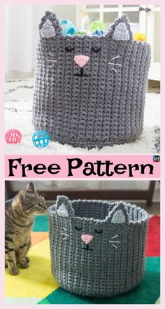 a crocheted basket with a cat in it and the words free pattern below