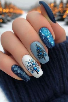 Blue Christmas Nail Ideas, Navidad Nails, Short Christmas Nails, Penguin Nails, Blue Christmas Nails, Christmas Nails 2023, Christmas Nail Ideas, December Nails, Tree Nails