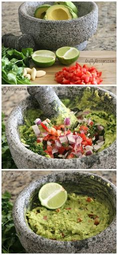 guacamole in a bowl with limes, tomatoes and cilantro