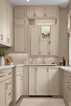 a kitchen filled with lots of white cabinets