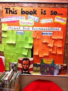 this is an image of a bulletin board with books on it and posters in the background