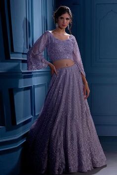 Shop for Angad Singh Purple Embroidered Lehenga Set for Women Online at Aza Fashions Metallic Lehenga, Lavender Lehenga, Purple Lehenga, Embroidered Lehenga, Luxury Sale, Embroidered Neckline, Satin Color, Steel Grey, Set For Women