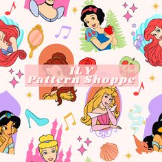 the disney princesses are all different colors and patterns on this pattern shoppe background