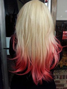 Blonde Into Red Ombre, Blond With Pink Tips, Platinum Blonde Hair With Pink Tips, Blonde Hair With Tips Dyed, Blond With Colored Tips, White Hair Pink Tips, Blonde Hair Colored Tips, Pink Tips Hair Blonde, Blonde Hair With Colored Ends