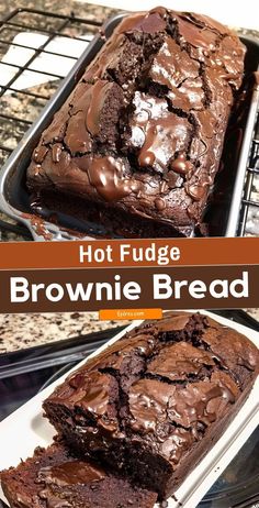 chocolate fudge brownie bread on a cooling rack with the text hot fudge brownie bread