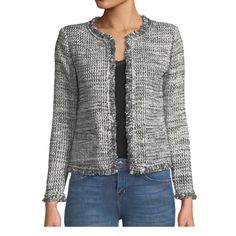 Iro Unplug Metallic Tweed Jacket. Open Front, Padded Shoulders, Metallic Detail. This Jacket Is An Absolute Stunner. French Size 36 Fits A Us 2 Kate Spade Party, Boucle Jacket, Grey Tweed, Open Front Jacket, Evening Jackets, Fringe Jacket, Tweed Blazer, Sleeve Jacket, Fringe Trim