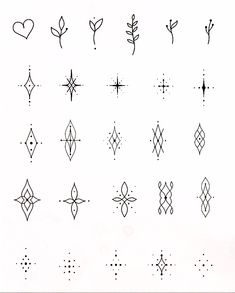 a bunch of different types of tattoos on a white background with black dots and lines