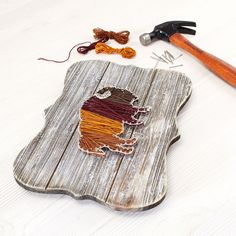 a piece of wood that has been made to look like the state of wisconsin with yarn on it