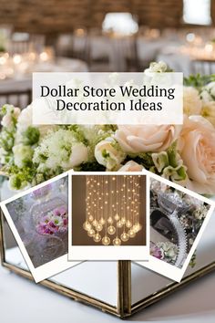 the dollar store wedding decoration ideas is displayed on a table with flowers and chandeliers