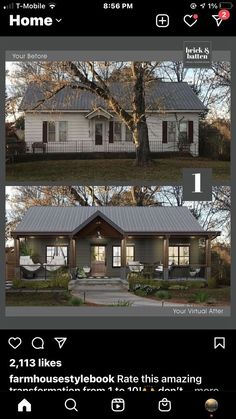 two pictures of a house with the same roof and windows on each side, one is showing