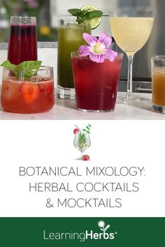 several different types of cocktails on a table with the words botanical mixology, herb cocktails and mocktails