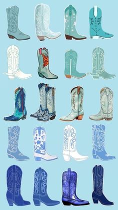 several different types of cowboy boots on a blue background