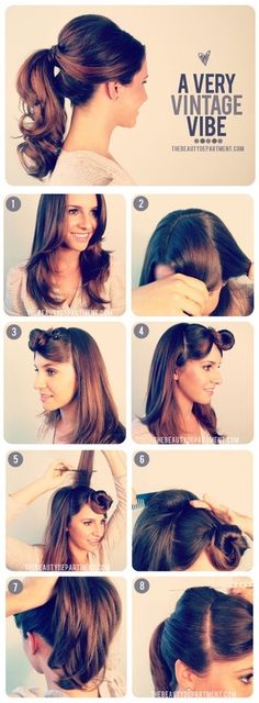 This might be an alternative for my pomp and pony. Though I have really thin hair so these kind of styles dont work often. Art Hairstyles, Vintage Ponytail, Easy Updo, Fishtail Braid, Vintage Hairstyles, Hair Skin