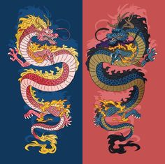 two different colored dragon designs on red and blue