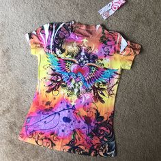 Very Colorful, Fun Design. Has Embellishments On The Front Main Design. Brand New. Comes From Smoke And Pet Free Home Dance Shirt, Dance Shirts, Just Dance, Fun Design, Yellow Orange, Orange Yellow, Shirt Color, Color Orange, Diva