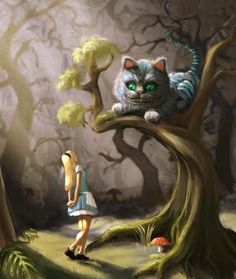 a cat sitting on top of a tree next to a woman in a blue dress