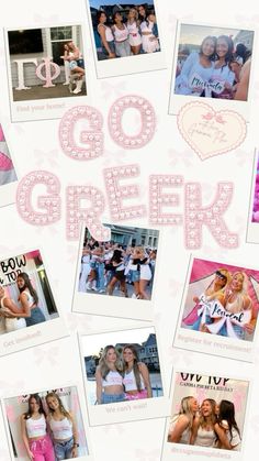 a collage of photos with the words go greek in pink and white on it