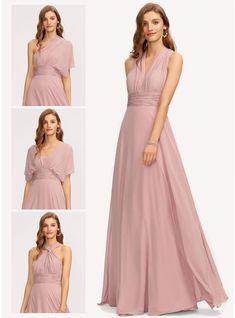 a woman in a long pink dress with different angles to show it's back